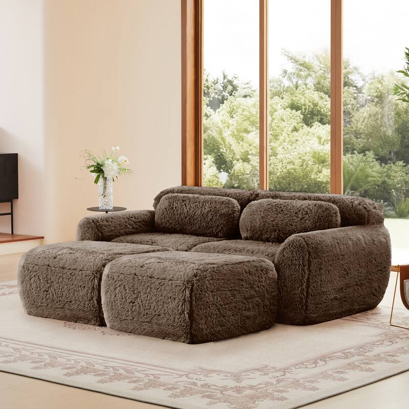 80" Soft Plush Fabric,Boneless Sofa, No Assembly Required, Bottom Anti-Slip Design With Chaise, With Ottoman, Deep Seat Design