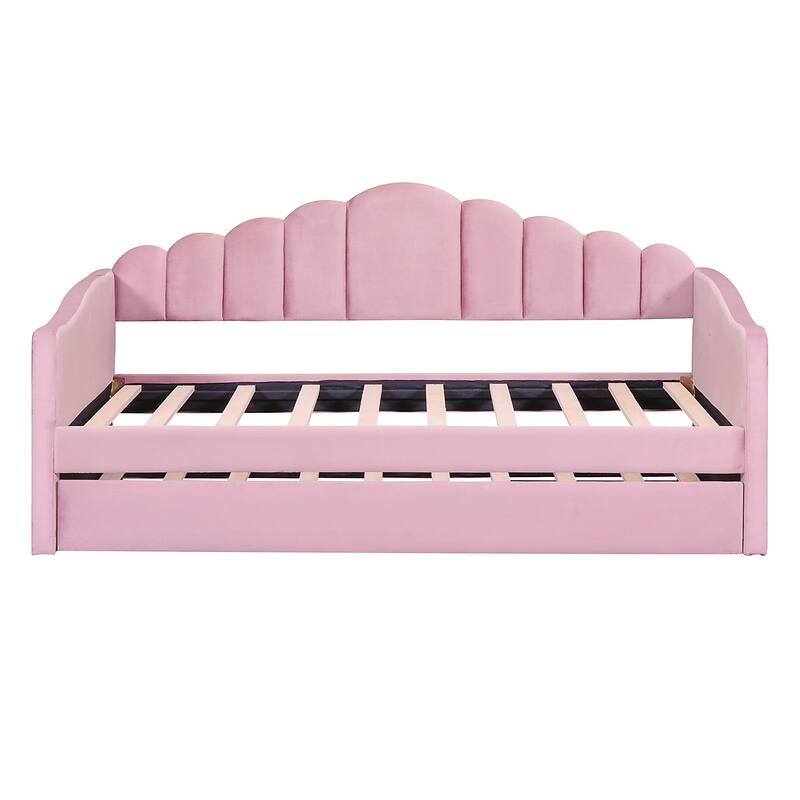 Roomfitters Twin Upholstered Daybed with Trundle, Velvet Sofa Bed with USB Charging Ports, No Box Spring, Pink