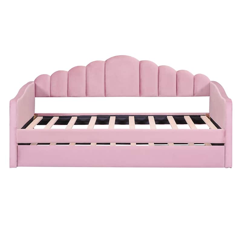 Twin size Upholstered Daybed with Trundle, Velvet Sofabed with USB Charging Ports, No Box-spring Needed, Pink