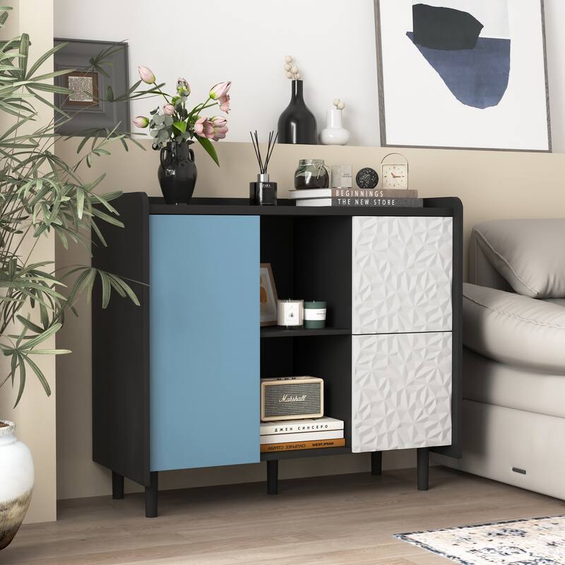 Sideboard Buffet Cabinet, Storage Cabinet with Red Doors, 2 Drawers with unique panel styling and 2 Open Storage Compartment