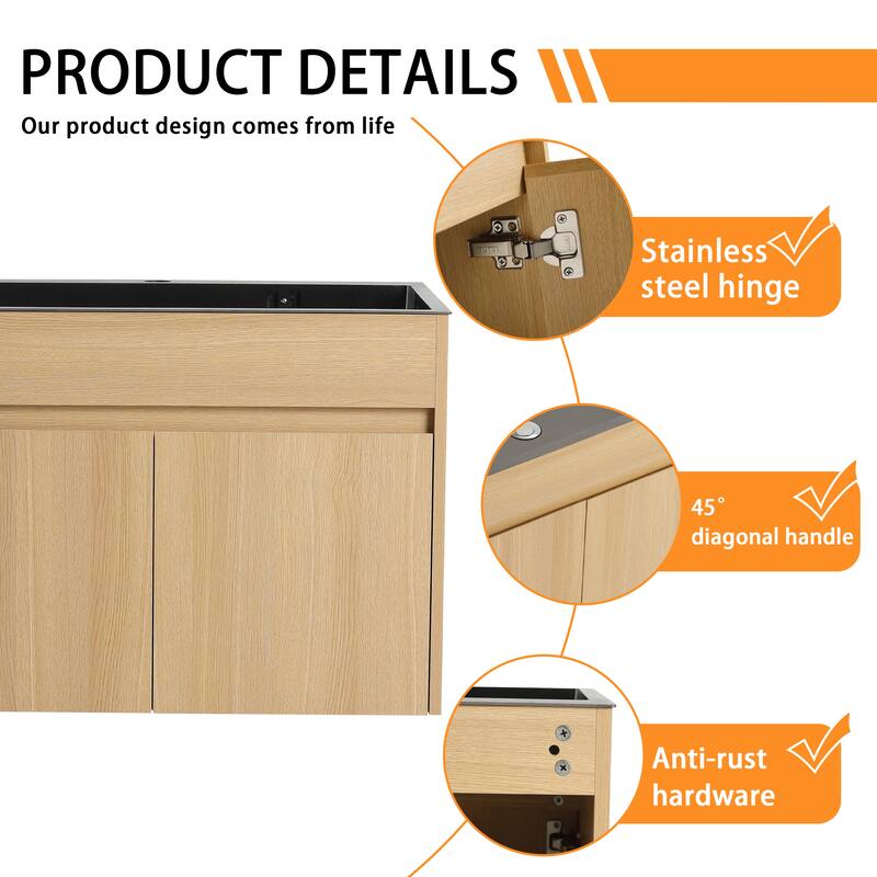 Bathroom Vanity With Stainless Steel Sink In 28 Inch, Floating/Freestanding Bathroom Vanity With 2 Soft Close Doors