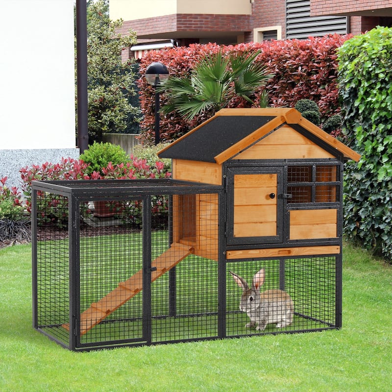 Large Wooden Bunny Hutch with Slide-Out Tray and Ventilated Wire Window for Small Animal - 48" L x 24.75" W x 36.25" H