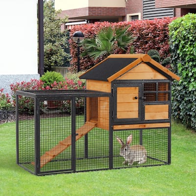 Large Wooden Bunny Hutch with Slide-Out Tray and Ventilated Wire Window for Small Animal - 48" L x 24.75" W x 36.25" H