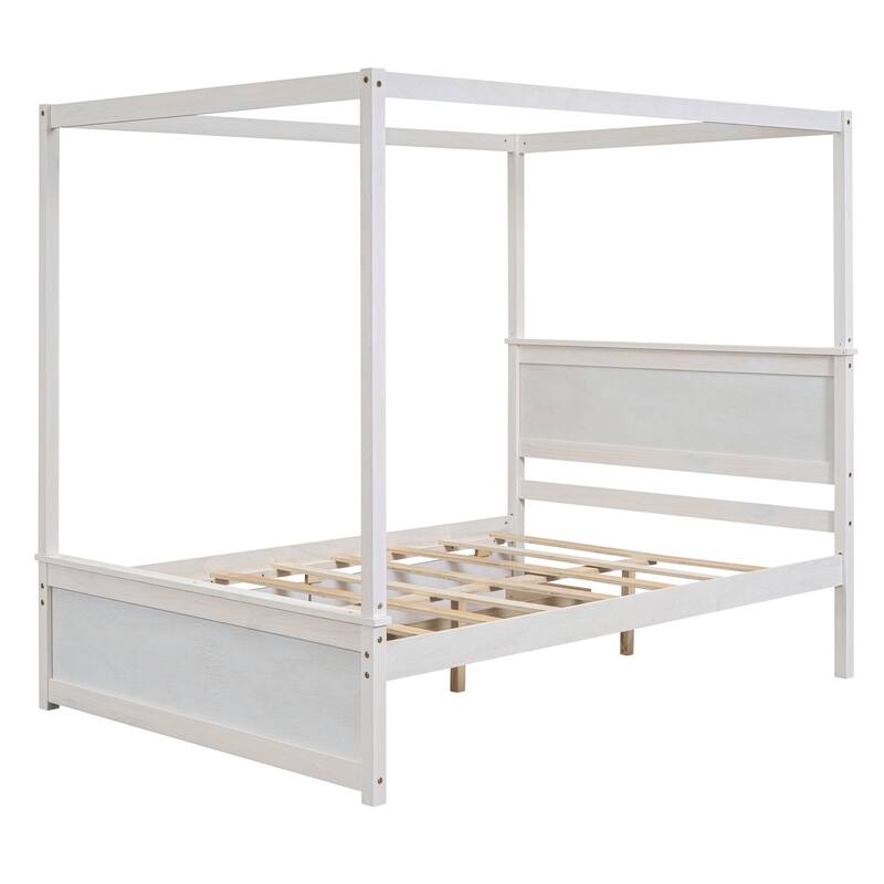 Full Size Wood Canopy Platform Bed with 2 Drawers, No Box Spring Needed, Brushed White Finish
