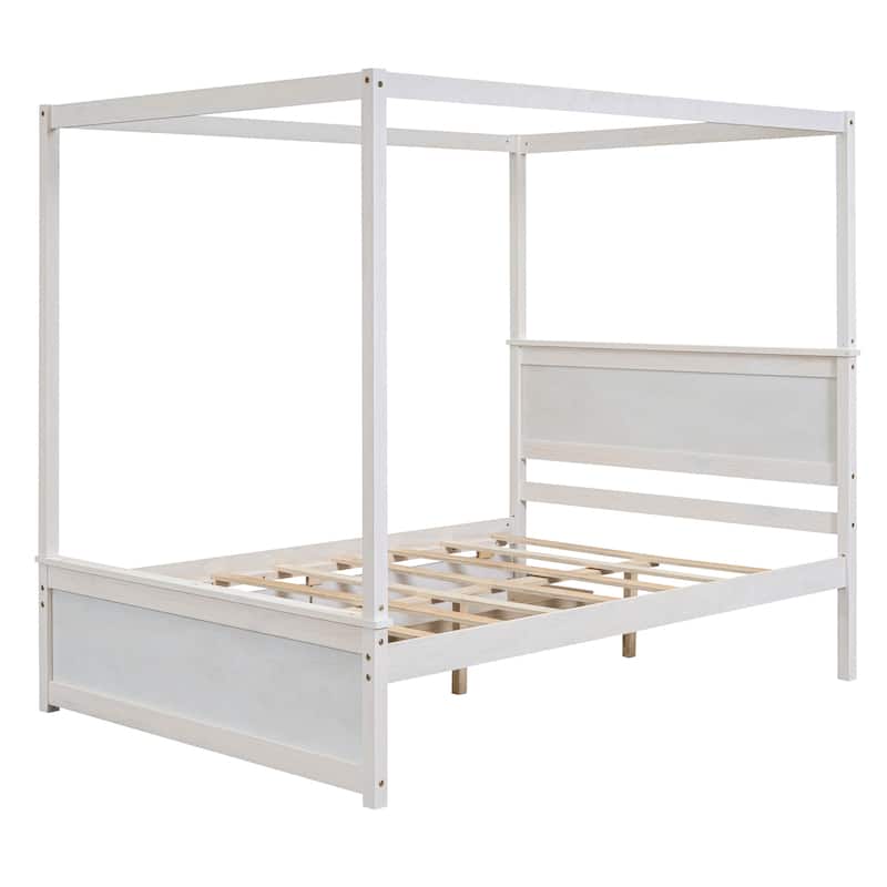White Full Wood Canopy Platform Bed with Drawers - MDF & Pinewood Support Slats