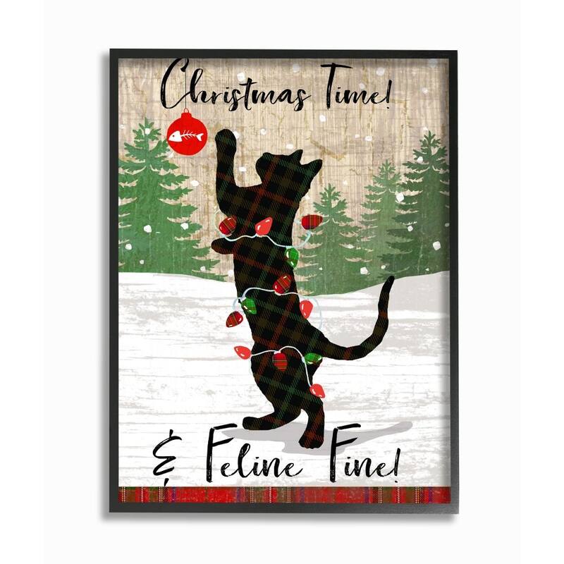 Stupell Country Holiday Christmas Time Phrase Family Cat Scene Framed Wall Art
