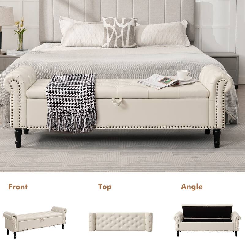 67" Velvet or PU Tufted Storage Bench for Bedroom End of Bed with Roll Arms