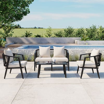 Durable Outdoor Seating Set with Iron Frame Cushions and Table for Patios Lawns and Poolsides Beige