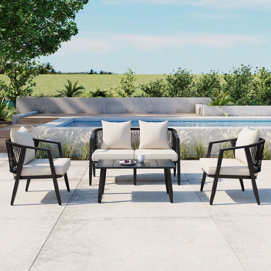 Durable Outdoor Seating Set with Iron Frame Cushions and Table for Patios Lawns and Poolsides Beige