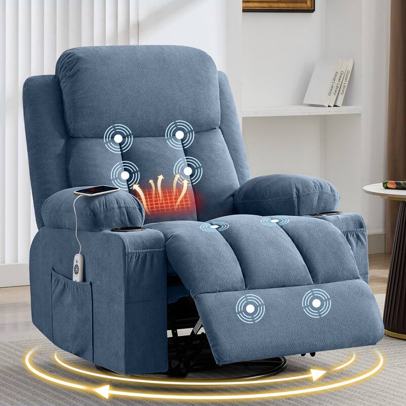 Swivel Rocker Recliner with Vibration Massage Heat USB Port Cup Holders - Blue