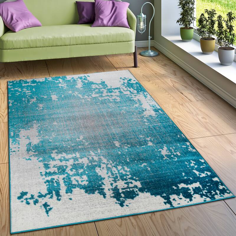Area Rug Abstract Splash Pattern Used Look in Turquiose Cream