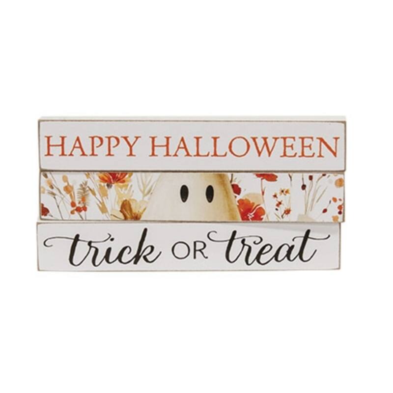 Distressed Ivory Wood Halloween Sticks Happy Halloween Trick or Treat Accents 3 Asstd. - 1" H x 6" W x .5" D