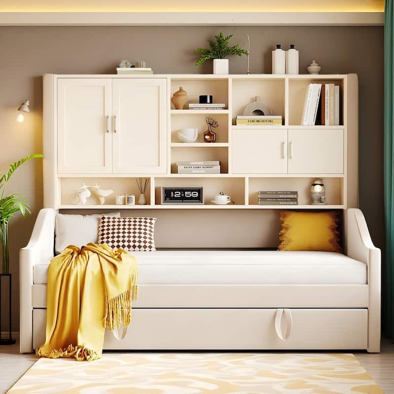 Convertible Twin Daybed with LED Armrests, Storage Shelving & Pop-Up Trundle by Harper&Bright Designs