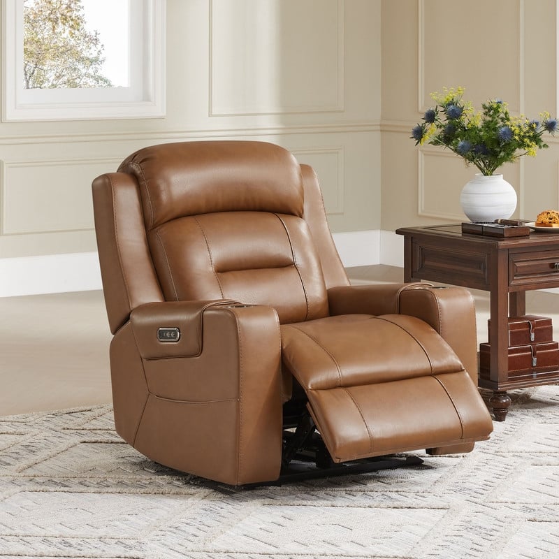 Anya Power Genuine Leather Recliner Chair Lay Flat Recliner - Saddle