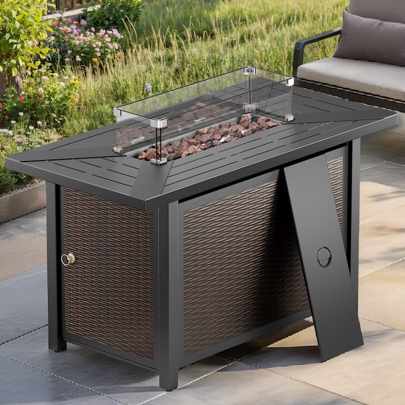 Meyreso 43 in. Rectangular Brown Metal Propane Outdoor Fire Pit Table with Glass Wind Guard Lid, Lava Rocks, 50000 BTU - Brown - Propane Gas