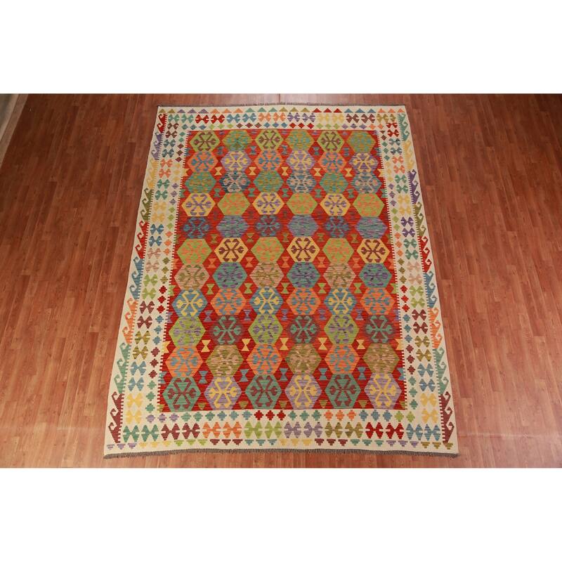 Colorful Kilim Oriental Area Rug Hand-Woven Wool Carpet - 8'7"x 11'1"