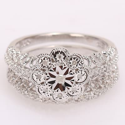 Miadora Sterling Silver 1/6ct TDW Diamond Floral Vintage Bridal Ring Set