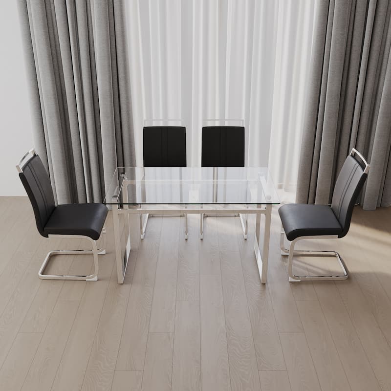 Modern 5-Piece Dining Set with Rectangular Glass Table & High Back Silver-Plated Legs Dining Armless Chairs - Black