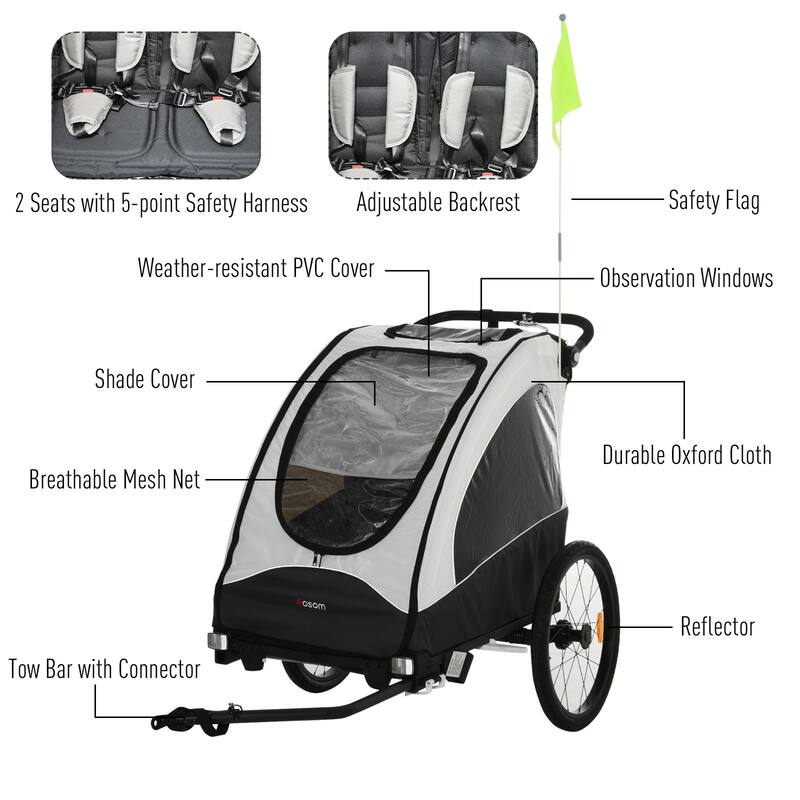Aosom 3-in-1 Folding Child Bike Trailer Jogging & Baby Stroller with Shock Absorbing Frame & Adjustable Handlebar