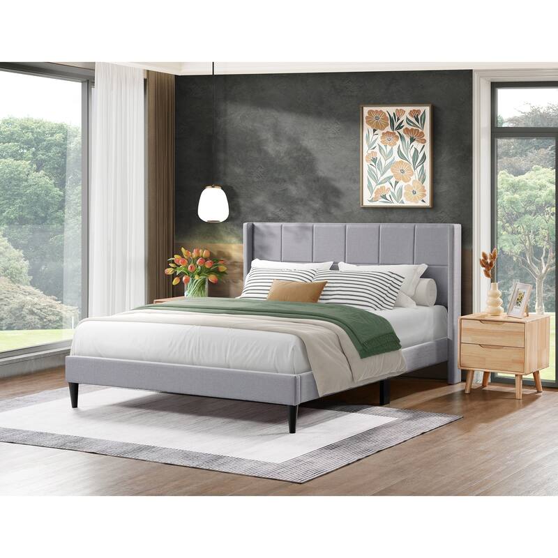 Queen Bed Frame with Wingback/Linen Upholstered Platform Bed with Square Stitched Headboard/Wood Slats Support/Solid Wood Legs