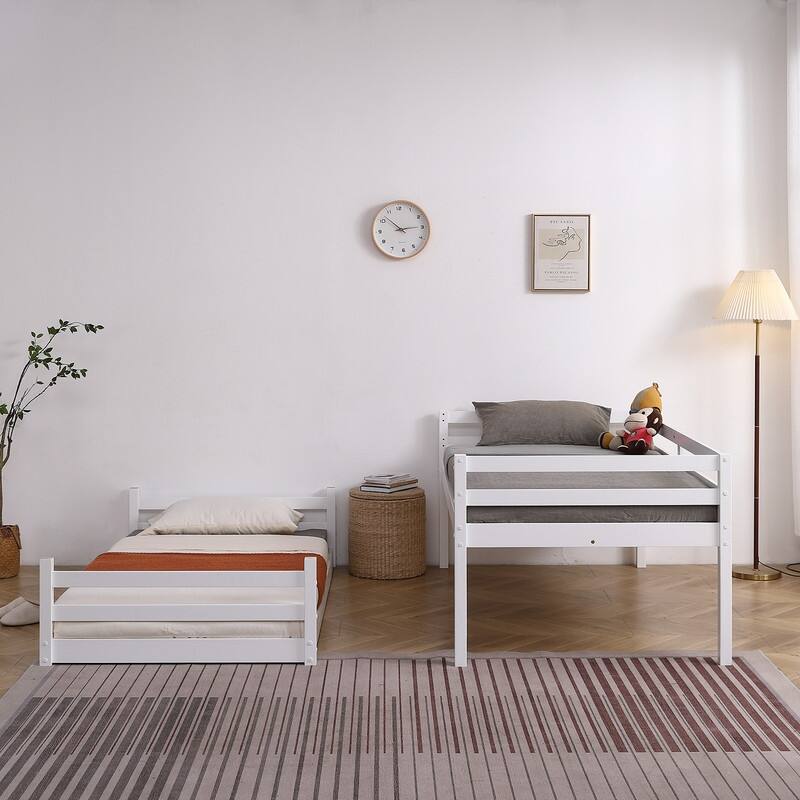 FCH White Twin Solid Wood Bunk Bed with Ladder