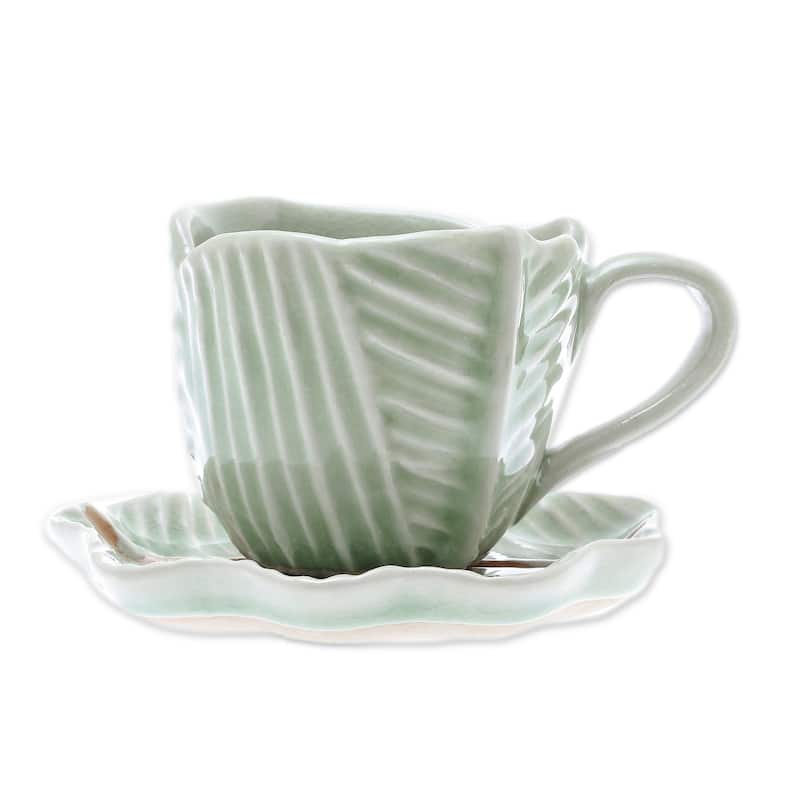 Novica Handmade Tea Leaf Celadon Ceramic Teacup And Saucer