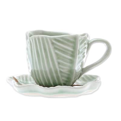 Novica Handmade Tea Leaf Celadon Ceramic Teacup And Saucer
