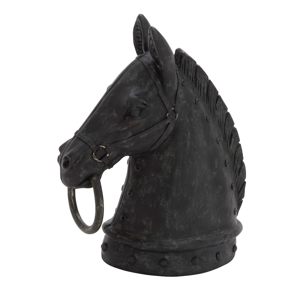 Polystone Horse Antique Style Head Decorative Sculpture with Hitching Post and Gold Accents - Black - Roche River Decor