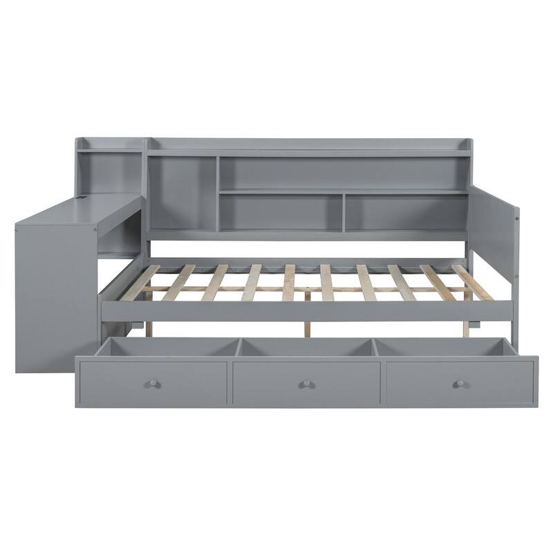 Twin/Full Daybed with 3 Storage Drawers and Bedside Desk, Wooden Day Bedframe Sofa Bed with Storage Shelves and USB Ports