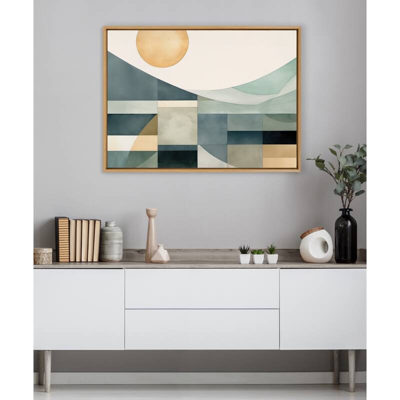Kate and Laurel Sylvie Mid Century Modern Abstract Geometric Coastal Landscape Framed Canvas by The Creative Bunch Studio
