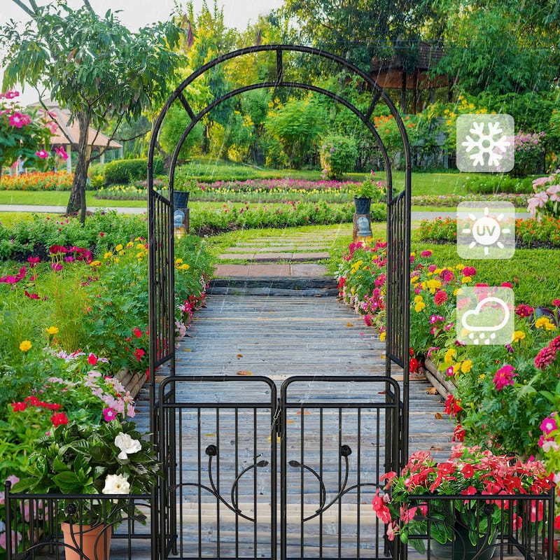 87" Metal Garden Arbor Arch with Gate and Plant Box - 80"L x 20"W x 87"H