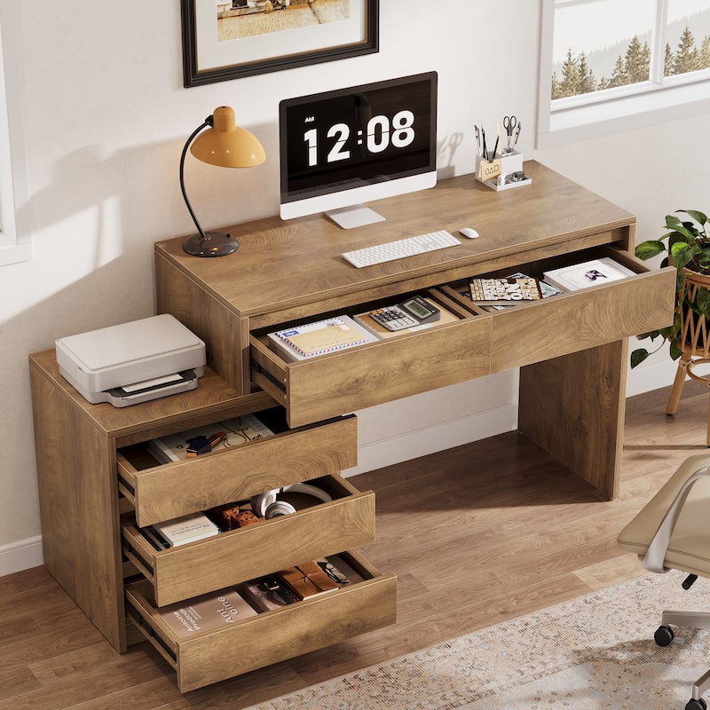Industrial Computer Desk with 5 Drawers & File Cabinet, Rustic Wood Office Desk with Printer Stand for Small Spaces