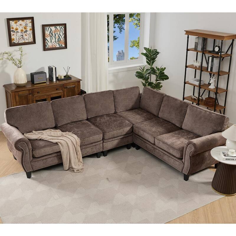 109.5" Chenille 6-Seater L-Shaped Sofa with Rolled Armrests