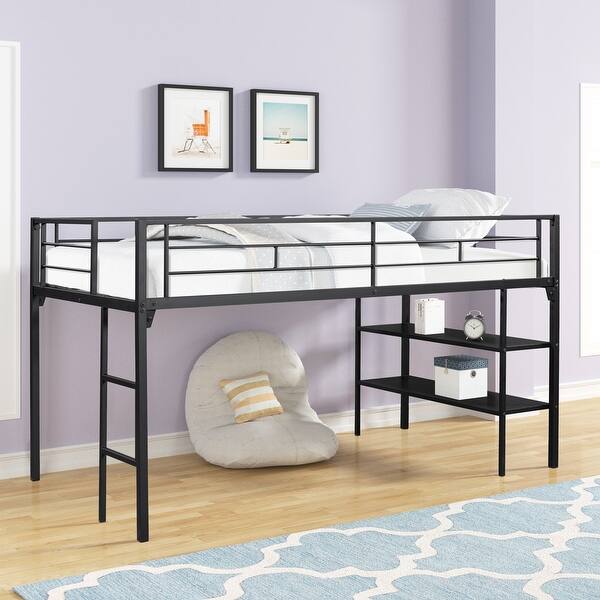 slide 2 of 11, Twin Size Steel Low Loft Bed with Storage Shelves and Ladder Black