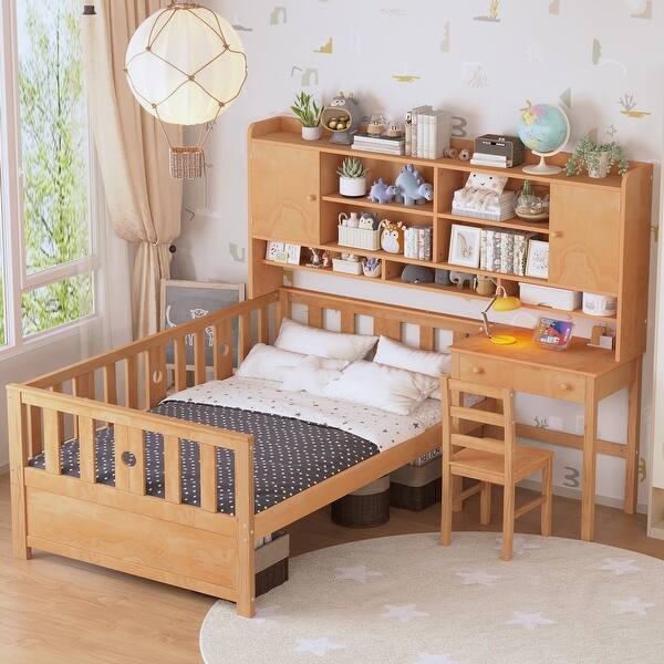slide 2 of 10, Natural Wood Twin Size Multifunctional Wood Platform Bed with All-in-One Cabinet and Shelf, Built-in Desk and Matching Chair