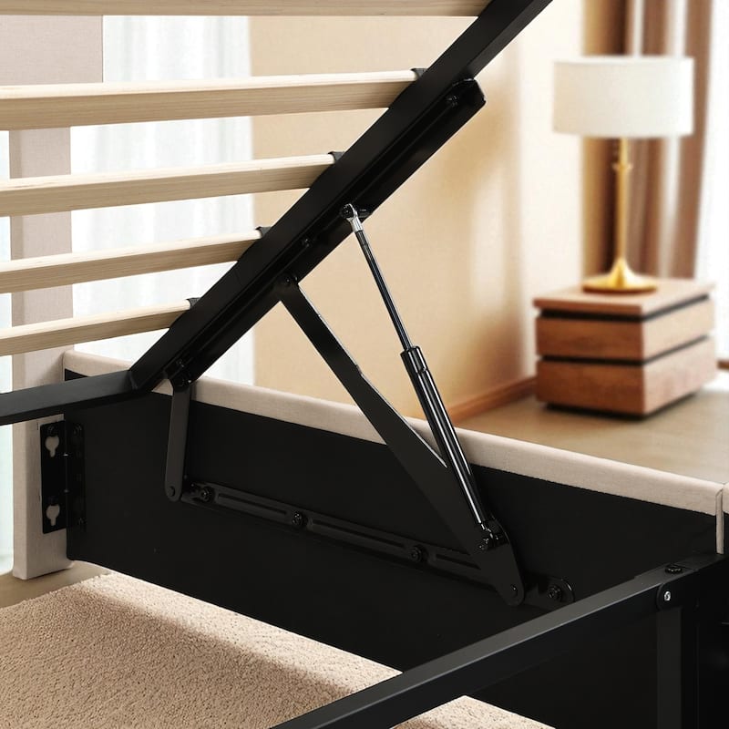 Full/Queen Upholstered Platform Bed with Hydraulic Lift Storage and Linen Headboard, No Box Spring Needed