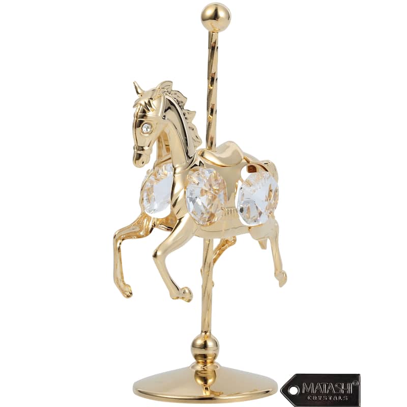 Matashi Home Decorative Tabletop Showpiece 24K Gold Plated Crystal Studded Carousel Horse Ornament
