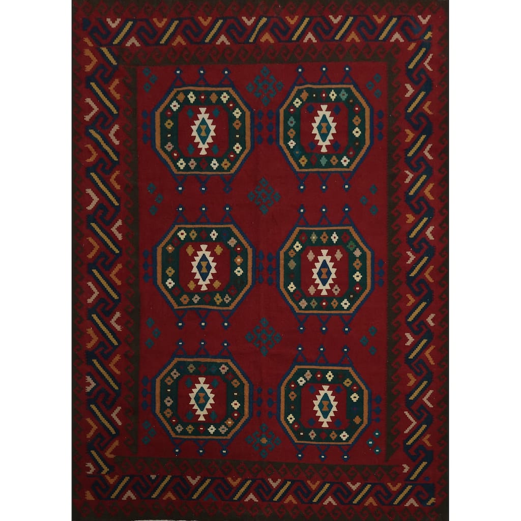 Hand Woven Oriental 100% Wool Carpet Southwestern Tribal Red Kilim Area Rug - 9' 11'' X 8' 6''