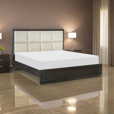 Pagi Queen Platform Bed, Beige Upholstered Headboard, Dark Charcoal Gray