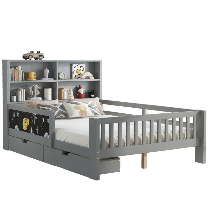 Full Platform Bed with Chalkboard, Solid Wood Platform Bed with Storage Drawers and Shelves, Space-saving Design