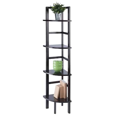 Coffee Finish 63.5" Storage Shelf with 4 Open Shelves, 90° Right Angle Corner Bakers Rack, Microwave Oven Stand