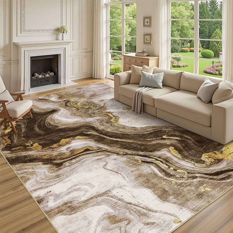 Modern Washable Area Rugs Abstract Living Room Rug Soft Low Pile Non-Slip Rugs for Bedroom Dining Room Home Office - 5'x7' - Brown