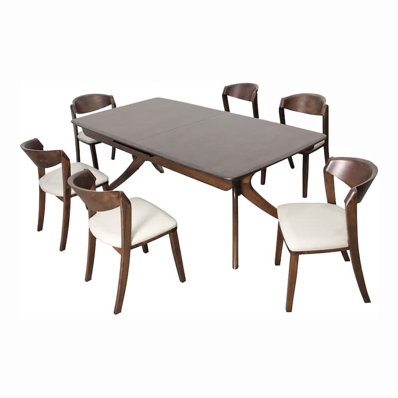 Furniture of America Abigail IV Mid-Century Modern 7-Piece Rich Walnut Solid Wood 102-inch Extendable Dining Set