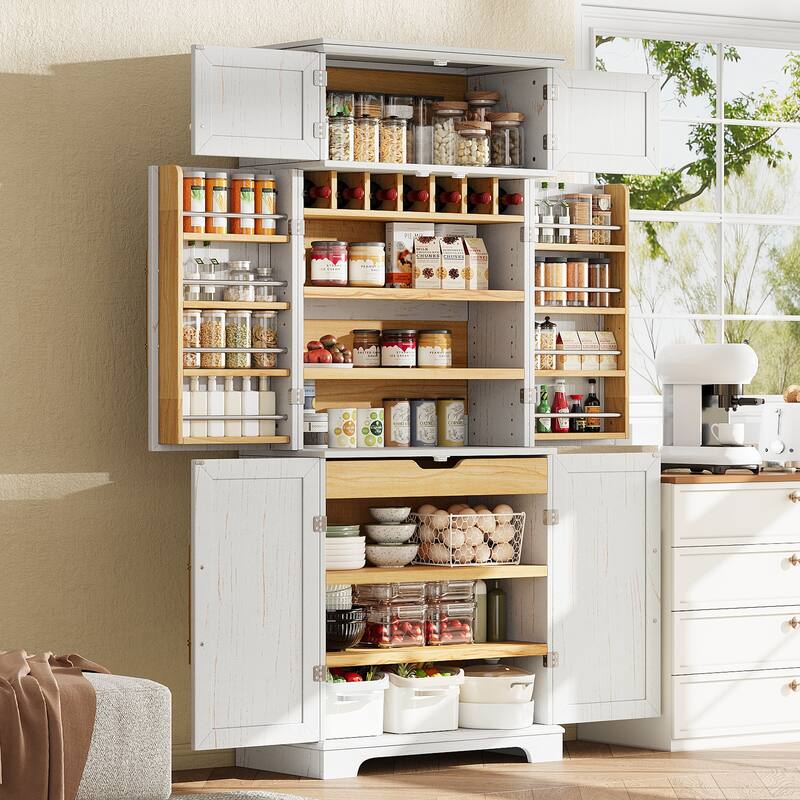 78.2" Kitchen Pantry Cabinet, Farmhouse Storage Cupboard with 8 Door Shelves, 4 Adjustable Shelves, Hidden Drawer & Wine Rack
