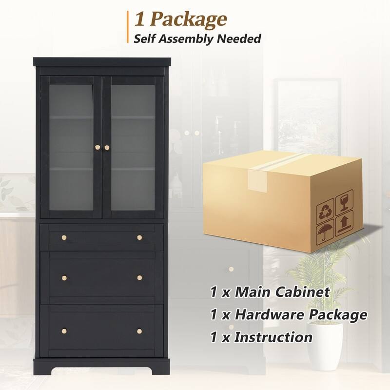 70.1" Modern High Freestanding Tall Bathroom Cabinet with 2 Adjustable Shelves, 3 Drawers, Soft Close Glass Doors