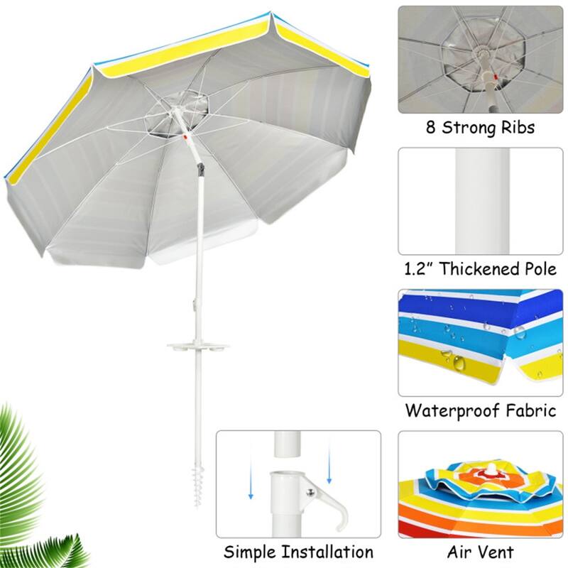 Large 7.2 ft Beach Umbrella with Adjustable Tilt and Sun Protection and Sturdy 8-Rib Frame - 7.2'Dia x 7.2'H