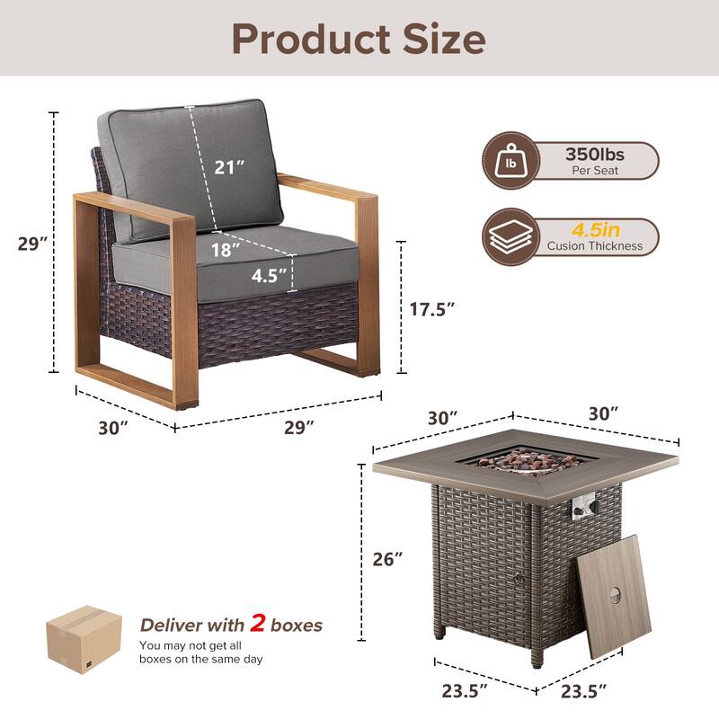 Meyreso 3-Piece Wicker Patio Conversation Set with Fire Pit & Plush 4.5" Olefin Cushions