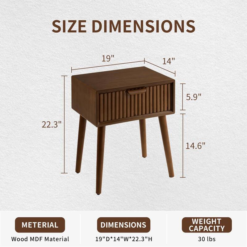 COSIEST Modern Brown Solid Wood Nightstand with Drawer