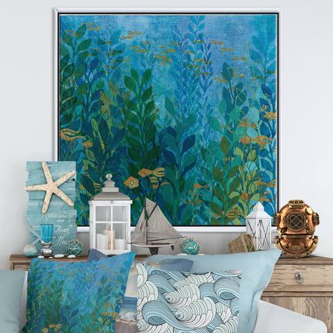 Designart "Blue Underwater Lake leaves II" Nautical & Coastal Framed Canvas