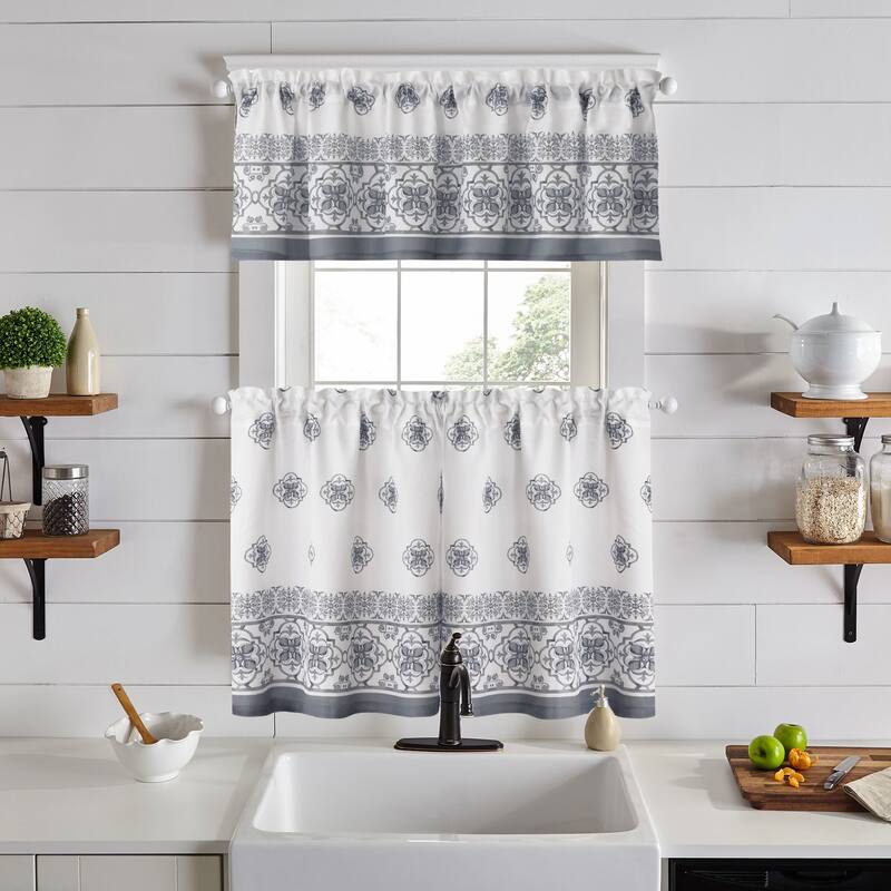 Amani Tile 3-Piece Kitchen Curtain Tier Set & Valance - Gray - 2 Tiers(30"W x 36"L Each) & 1 Valance(60"W x 15"L)